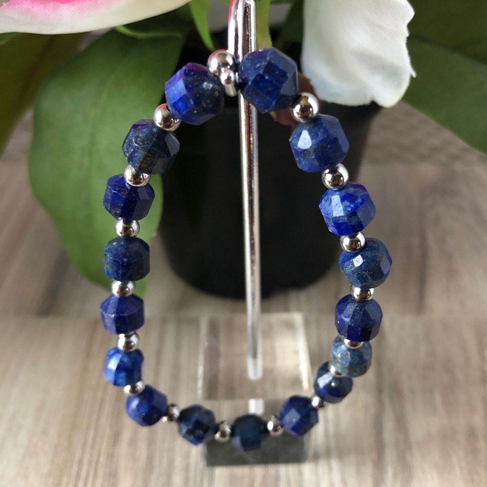 Lapis Lazuli Faceted Natural Stone 8mm Beads Stretchable Bracelet 7" - Best Gift